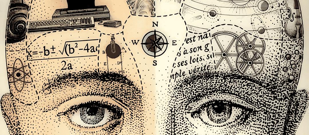 Illustration d'un visage dont le front est rempli de symboles : formules, boussole, engrenages et écriture