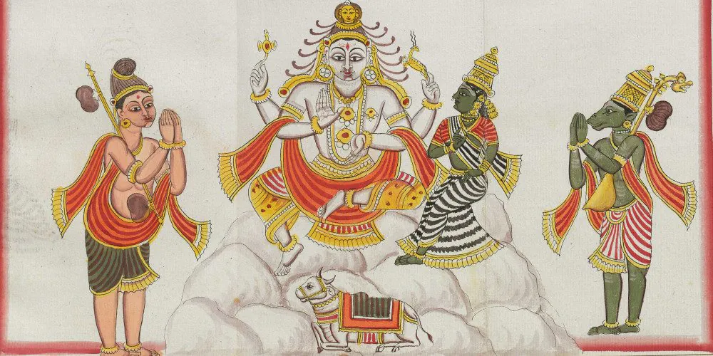 Peinture indienne ancienne : Shiva assis sur une montagne, entouré de fidèles en prière, le taureau Nandi à ses pieds