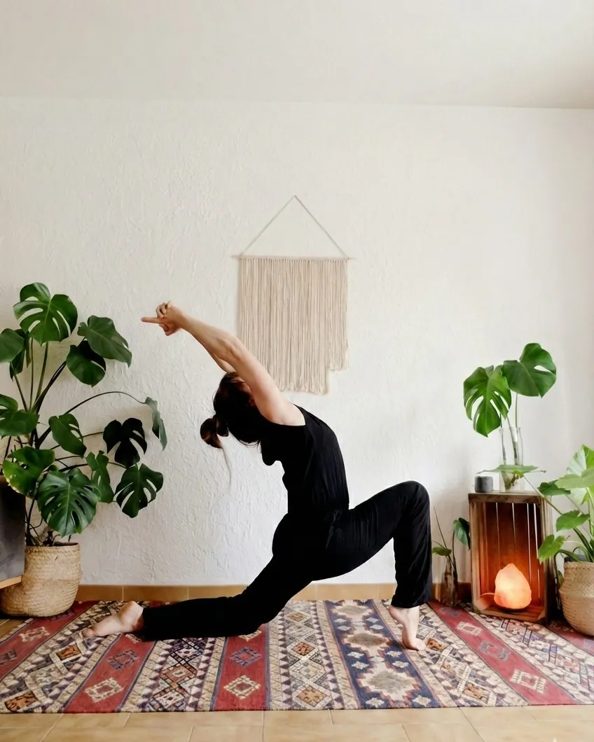Helena Ona en fente basse, bras tendus vers l'arrière, dans un salon avec des plantes et un tapis